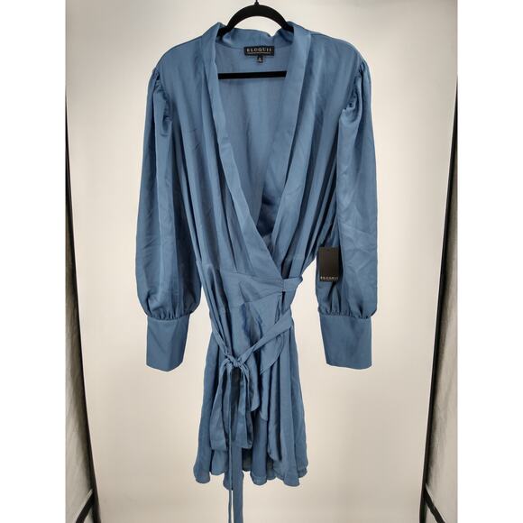 Eloquii Dress Plus 24 Mini Satin Wrap Puff Sleeve Ruffle Tie Waist Blue NWT - Picture 10 of 10